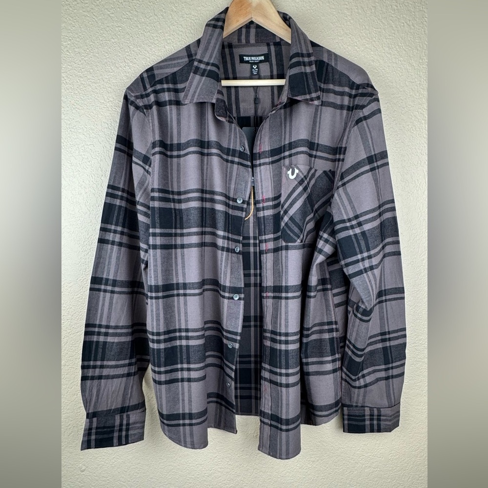 True Religion Dusty Burgundy Long Sleeve Plaid Shirt. NWT. Size- XL